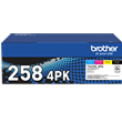Brother TN258 4PK four pack of Cyan, Magenta, Yellow and Black standard toner cartridges. Prints 1,000 pages.
